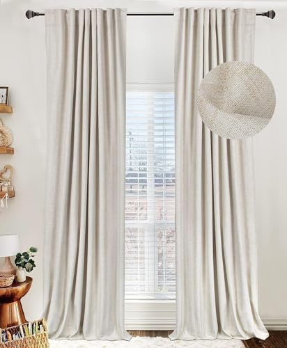 100% Blackout Shield Linen Blackout Curtains for Bedroom 96 Inches Long, Back Tab/Rod Pocket Living Room Drapes, Thermal Insulated Blackout Curtains 2 Panels Set, 50 W x 96 L,Cream