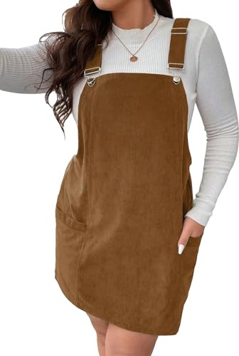 WDIRARA Women's Plus Size Corduroy Sleeveless Short Pinafore Overall Dress with Pocket Brown 4XL