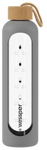 Wessper Trinkflasche Glas mit Silikonhülle, Wasserflasche mit Zeitmarkierungen, Transparente Wasserflasche aus Borosilikat Glas, Berwachung Ihrer täglichen Wasseraufnahme 500 ml – Grau