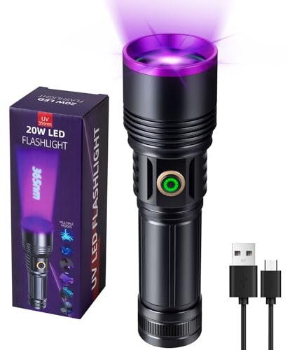 LEKIA 20W 365nm UV Torch, Powerful Type-C USB Rechargeable UV Light High Power Black Light Flashlight for Pet Urine Detection, Resin Curing, Blood Tracking, Scorpion, Rockhounding, A/C Leak Detect