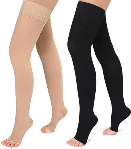 Evolyline Medical Open Toe Thigh High Compression Stockings for Women & Men with Silicone Band, Firm 20-30 mmHg Compression Socks Graduated Support for Varicose Veins Edema Flight