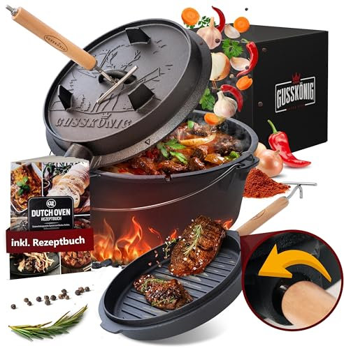 GUSSKÖNIG Dutch Oven Set - Eingebrannter Dutch Oven 6 Liter - Feuertopf Gusseisen mit Füßen - Schmortopf Doppelfunktion - inkl. 2in1 Deckelheber, DutchOven Rezeptbuch [für 2-4 personen]