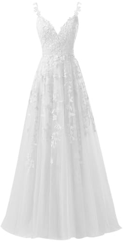 Beyonddress Abiti da sera in tulle Abiti da ballo lunghi in pizzo Abito da sposa con scollo a V, bianco, 44