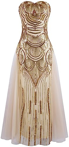 Angel-fashions Abito da Banchetto da Donna Senza Spalline con Paillettes a Rete e Lacci Champagne Oro 44