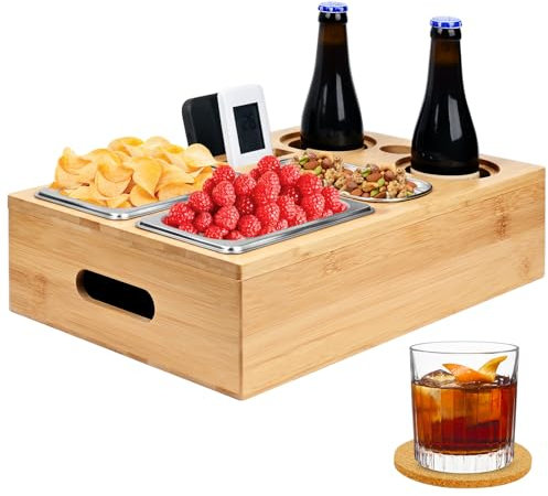 Dreamhigh® Couchbar Snackbox, Couch Bar mit 2 Untersetzer, 3 Edelstahl Snackschalen, Sofa Organizer und Flaschenhalter, Sofatablett Sofa Snackspender aus Premium Bambus - Tolles Geschenk