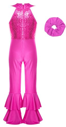JEATHA Tuta Lucida da Danza Jazz per Bambina Ragazza Jumpsuit Paillettes con Copricapo Tuta da Balletto Balerina Spettacolo Teatrale Dancewear Rosa caldo 9-10 anni