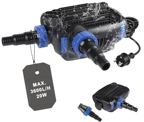 EXLECO Eco Teichpumpe Filterpumpe 20W max. 3600L/H Teichfilter Energiesparende Bachlaufpumpe für Gartenteich Teich Pumpe mit filter Kabellänge 10M Umwälzpumpe für Außen Wasserfall Bachlauf Koiteiche