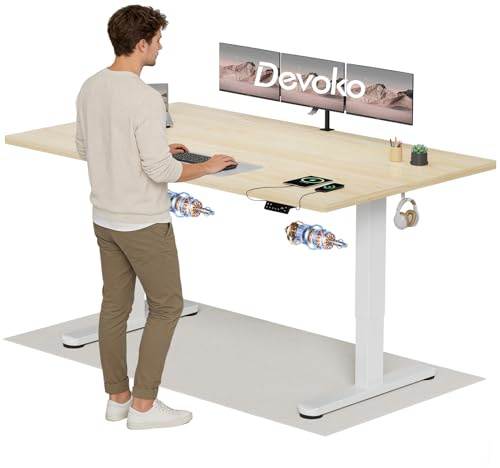 Devoko Höhenverstellbarer Schreibtisch mit 2 Motoren，25mm Einteilige Tischplatte, 180x80 cm Elektrisch Computertisch mit Kabel Management, Eiche - Perfekte Ergonomie für Dein Büro