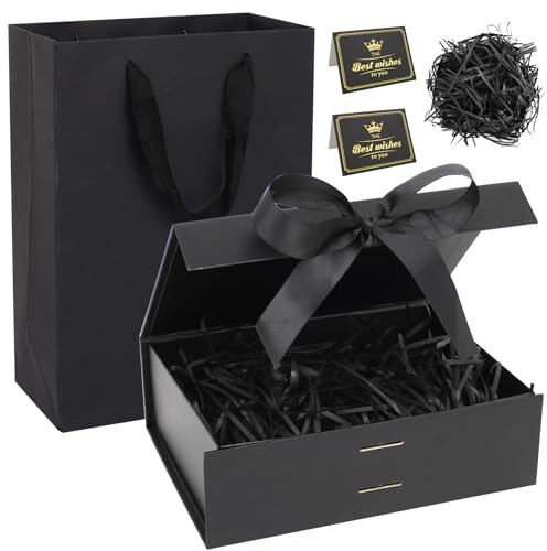 Geschenkbox mit Deckel, 22.5 x 16 x 8.8cm Geschenkbox Geburtstag, Geschenkboxen mit Schleife, Grußkarten und Bast, Geschenke Box für Geburtstage, Hochzeiten, Valentinstag, Weihnachten(Schwarz)