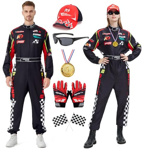 Costume de pilote de voiture de course pour homme et femme – Combinaison avec chapeau, lunettes de soleil, gants – Tenue de coureur d'Halloween pour adulte (Noir, M)