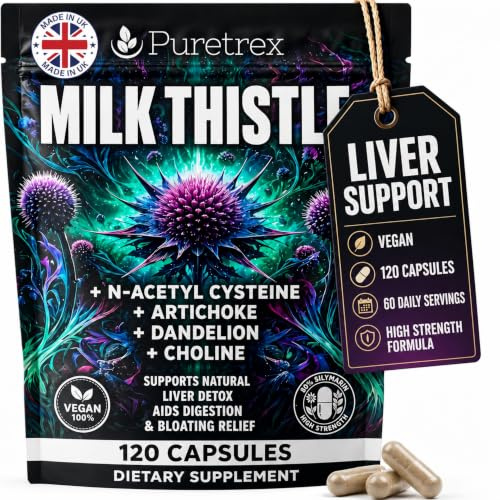 Puretrex Milk Thistle NAC Capsules UK Made – Liver Support Supplement 120 Vegan with Choline Artichoke Dandelion Turmeric BioPerine Digestion Bloating Relief Gut Health