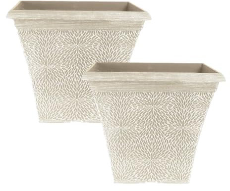 Fyne-Finds Square Plastic Plant Pot Beige Grey 35cm,14inch Outdoor 20L Pot Garden Patio Planter Cover Drainageholes Weatherproof Frostproof (2)