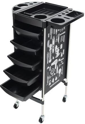 Carrello da parrucchiere, carrello con 5 cassetti, accessorio professionale da parrucchiere, carrello da lavoro con porta asciugacapelli e cestino sospeso, nero