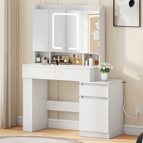 YITAHOME Sminkbord med spegel och LED-belysning, med pall, lådor och USB-port, justerbara fack, modernt toalettbord för sovrum och smink, hårtorkshållare vitt
