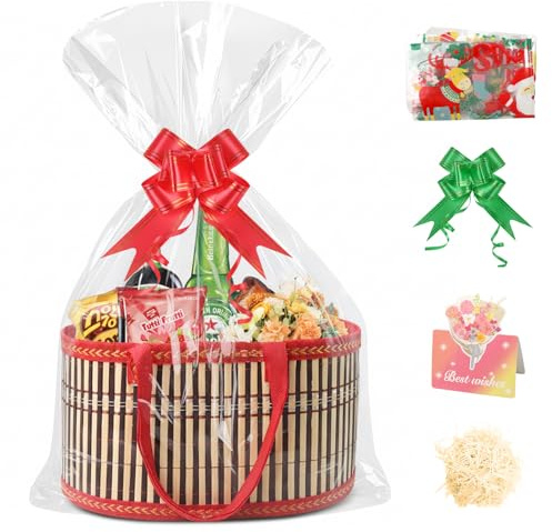 Presentkorg tom stor, presentkorg med presentfolie transparent (röd) | Bambukorg med 2 glaspåsar, 2 bågar att dra, till jul, födelsedag, babyparty, bröllopspresent