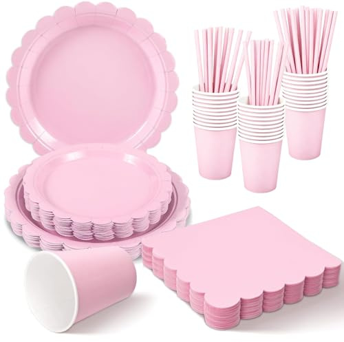 Goujfol Lot De 125 Vaisselle Set, Assiettes et Gobelet Set pour 25 Invités, Party Assiettes Papier Tasses et Pailles pour Fêtes Anniversaire et Festivals (Rose)