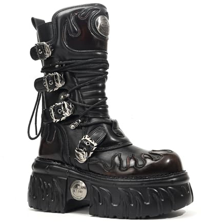 Songella Stivali Punk Gotici da Donna con Suola Platform Spessa, Design a Fiamme, Fibbie Metalliche e Zip Laterale – Stile Biker Rock a Metà Polpaccio Nero Rosso, 39.5 EU