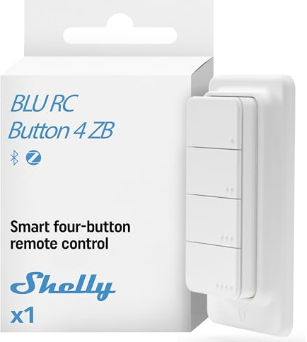 Shelly BLU RC Button 4 ZB - Bluetooth & Zigbee Smart Remote Control, 4 Buttons, Multiple Clicks, Encryption, Gateway Required, Scene Activation, Beacon Mode, Home Assistant