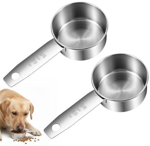 2 Pcs 1/4 Cup Scoop, 1/4 Cup Measuring Scoop, 60 ml Stainless Steel Half Cups Dog Food Measuring Scoops for Feeding Pet, Cat, Dogs, Rabbit, Bird, Wet and Dry Ingredients, Dishwasher Safe
