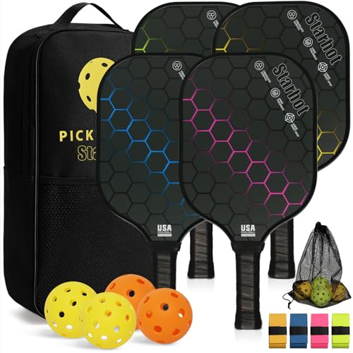 Starhot Pickleball Paddles Set of 4 or 2, USAPA Approved Fibreglass Pickle Ball Rackets, Lightweight 8oz PP Honeycomb Core Bats with 4 Indoor and Outdoor Balls, Carry Bag for Beginners and Families