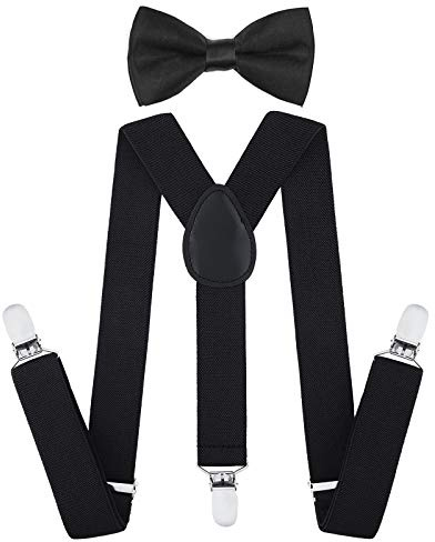 AWAYTR Child Kids Suspenders Bowtie Set - Adjustable Suspender Set for Boys and Girls (Black, 25Inches (3 Years to 6 Years))