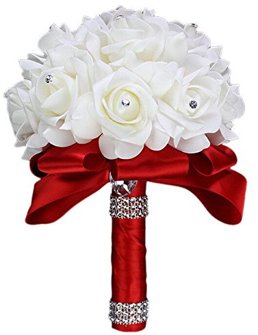 Ramo de novia, DesignerBox de flores de boda, ramo de novia, rosas hechas a mano, cinta de espuma, flores de dama de honor para boda, cumpleaños (rojo)