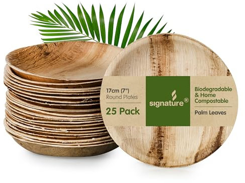 Signature Packaging - Disposable Palm Leaf Plates - Sturdy, Medium Round Plates - 17cm, 25 Pack. Compostable, Eco Friendly and Biodegradable. Like Wooden and Bamboo.