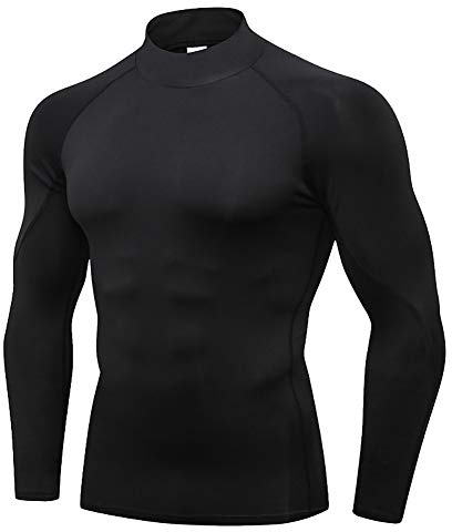 Hombres Bodybuilding Manga Larga Gym Men T Shirts Parte Superior Gimnasio Ropa de Deporte Camisetas de Cuello Alto, Poliéster y Spandex