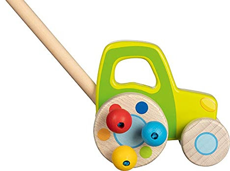 goki 54880 Schiebefahrzeug Traktor aus Holz, 52 cm mit Schiebestab – Bunte Holzperlen mit Klackereffekt, ideal zum Laufenlernen