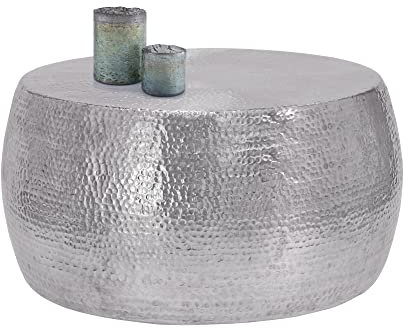 WOMO-DESIGN Couchtisch Ø 90x45 cm Silber, Unikat, Hammerschlag-Optik, Handgefertigter Beistelltisch, Orientalischer Wohnzimmertisch, Runde Tisch, Aluminium Loungetisch, Flacher Sofatisch, Metall Tisch