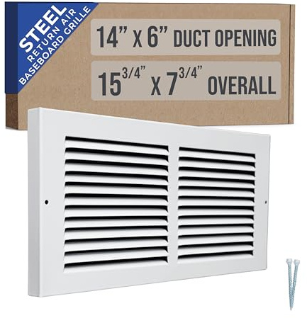 Fits 14x6 Duct Opening | Steel Baseboard Return Air Grille by Handua | Vent Cover Grill | 7/8 Margin Turnback [Depth] to Fit Baseboard | White | Outer Dimensions: 15.75W X 7.75 H
