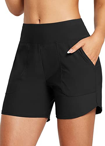 BALEAF Damen Badeshorts Bauchkontrolle UPF50+ Badehose Schnell Trocknend Schwimmhose Hohe Taille Boardshorts Schwimmunterteil mit Taschen Schwarz XL