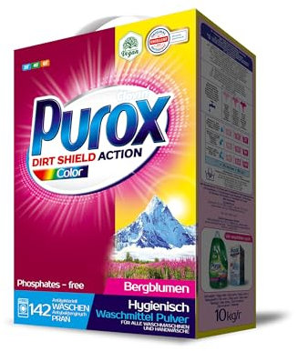PUROX COLOR Detergente Lavadora Polvo en caja (142 Lavados) – para tejidos de color, elimina manchas, ecológico, protege contra la cal, 10 kg