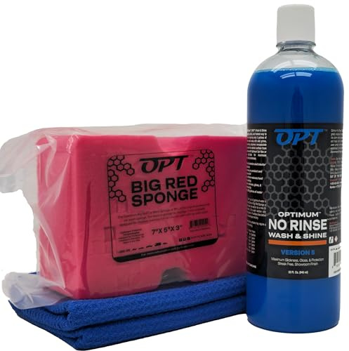 Optimum ONR, toalla de secado de coche de microfibra y BRS - Kit de limpieza de coche de esponja roja grande, 32 onzas, sin enjuague, toalla de secado de automóviles y esponja de lavado de autos para