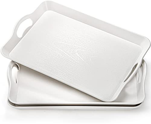 Cedilis 3 Pack Serving Trays with Handles, 40.6 x 28 cm Food Serving Tray, Rectangular White Plastic Stackable Tray for Restaurant, Parties, Coffee Table