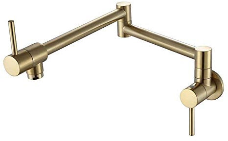 Küchenarmatur aus Messing, einzelne Kaltwasserhähne, Faltbarer, um 360 ° drehbarer Topffüller mit Zwei Griffen, mit Doppelgelenk, Schwenkarm, Wandmontage, Küchenarmatur, Gold gebürstet