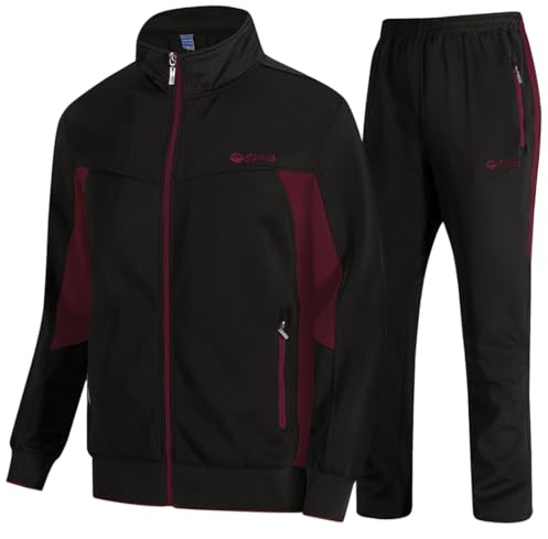 TBMPOY Herren-Trainingsanzüge, Sweatanzüge für Herren, 2-teilig, lässig, athletisch, Joggen, Aufwärmen, durchgehender Reißverschluss, 03 Schwarz + Weinrot, XXX-Large