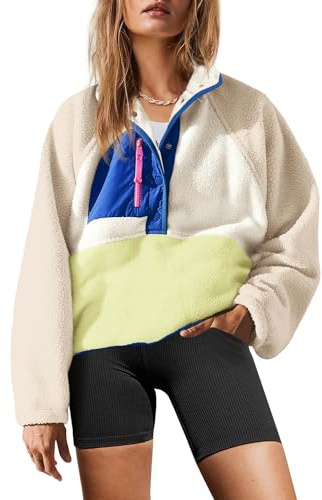 Yanekop Womens Fuzzy Fleece Pullover Sherpa Sweatshirt Long Sleeve Button Down Sweater Winter Fleece Jacket with Pockets(Beige Khaki Blue,S)