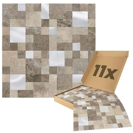 Dalsys Wandpaneele selbstklebend Steinoptik 1m², 11 Stück Sand Silber Wandverkleidung feuchtigskeitsbeständig, Premium Qualität für Bad und Küche, Quadrat Rechteck Form