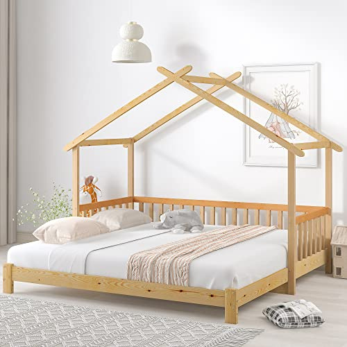 KAZZIO Cama extensible para casa de árbol, cama infantil, cama individual y doble, madera maciza pura, natural, 200 x 90 cm