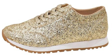 Damen Glitzer Turnschuhe Sneaker Leichte Metallische Pailletten-Tennisschuhe Pailletten Casual Lace Up Sportschuhe Sneakers Glitzer Atmungsaktive Kristall Bling Damen Laufschuhe Hohe Schuhe (Gold, 40)