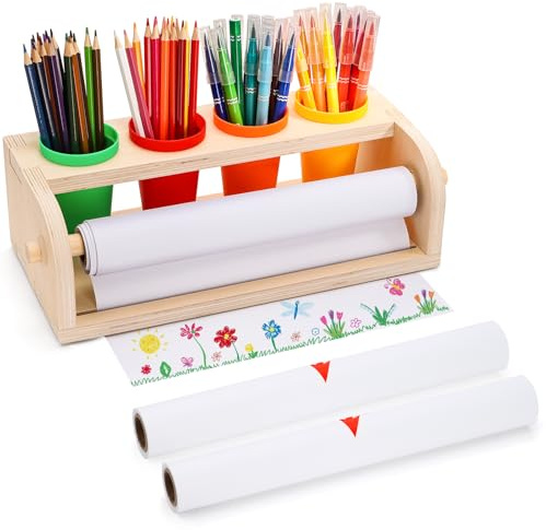 Nagpew Dispensador de rollos de papel de mesa de madera, soporte para rollo de papel de dibujo con vasos para lápices, papel de enlace blanco de 11.4 x 32.8 pies, caballete de escritorio para dibujar,