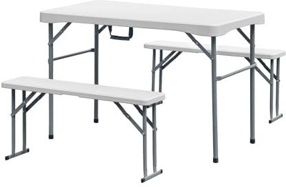 IlGruppone Set Small 3 Pezzi Tavolo e 2 Panche Pieghevoli trasportabili per Feste Sagre Giardino Campeggio Struttura Acciaio Impermeabile UV Resistente - Bianco