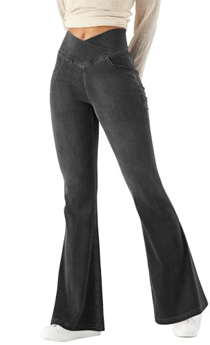 LaiEr Bootcut Jeans Femme V-Crossover Taille Haute Contrôle du Ventre Fit Pantalons de Legging Yoga,Tissu en Jean Souple à Haute élasticité,Pantalon de Fitness à Coupe stéréoscopique.Gris foncé,XL