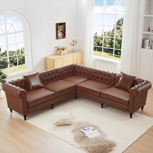 LEVNARY 98” x 98” L-Shaped Chesterfield Sectional Couch, 5-Seat PU Leather Couch with Rolled Arms, Mid-Century Modern Tufted Corner Sofa for Living Room Bedroom Office (Brown)