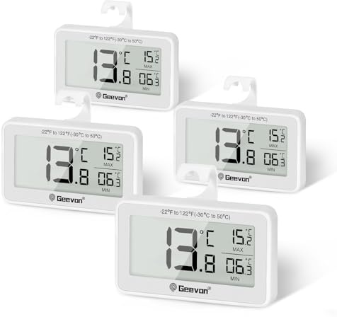 Geevon Termómetro digital mini para frigorífico, IP65, resistente al agua, termostato interior con pantalla LCD, grabación máxima mínima – con pilas (8707B-WH-4)