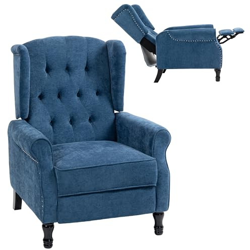 HOMCOM Recliner Armchair, Vintage Reclining Chair with Nail Head Trim, Wingback Chair with Button Tufted Back and Footrest, for Living Room, Royal Blue