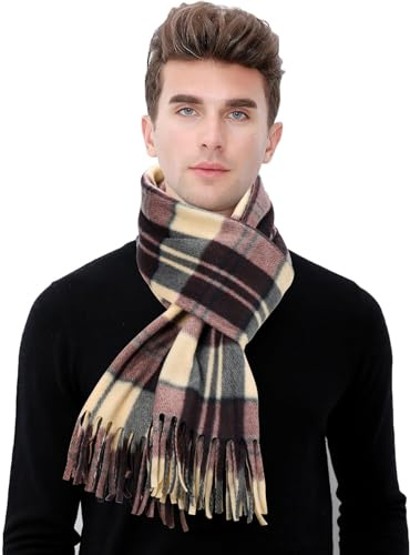 Mayoii Men's Scarf, Plaid Check Autumn Winter Faux Cashmere Scarf, Soft and Warm Winter Neckerchief, Stylish Accessory for Business and Outdoor ActivitiesTartan Shawl Women (C-Beige-Black-Stripes)