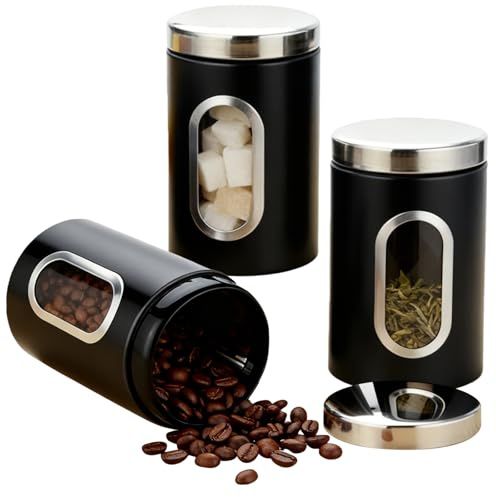 GBKDQQ 3 contenitori per caffè ermetici, 550-1200 g, con coperchio, in acciaio inox, per tè, noci, cacao, capsule di caffè, cialde di caffè (nero)