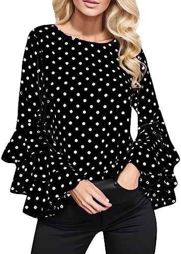 Camisas para mujers, elegante blusa de lunares con volantes, cuello redondo, manga larga, casual, primavera, verano, camisetas elegantes para oficina, trabajo, negocios